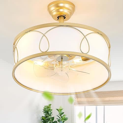20" Gold Fandelier Ceiling Fan with Light, Mid-Century Modern Caged Ceiling Fans with Lights Remote Control, Fabric Boho Chandelier with 6 Speeds for Bedroom, Nursery, Living Room