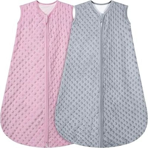 Fleece Baby Sleep Sack With Plush Dots,2 Pack TOG 1.5 Baby Wearable Blanket with 2-Way Zipper, Toddler Sleep Sack (Gray & Pink, 6-12 Months)