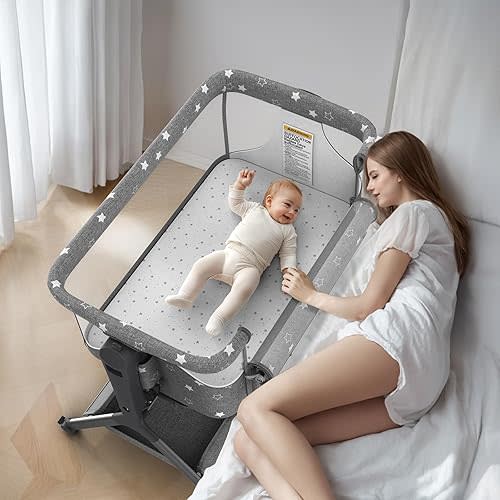 3 in 1 Baby Bassinet, Rocking Bassinet Bedside Sleeper with Comfy Mattress and Breathable Mesh, 6 Height Adjustable & Upgraded Wheels Portable Bedside Crib for Newborn (Dark Grey)