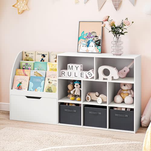 Fatmok Toy Storage Organizer, Kids Book Shelf and Toy Organizer, Toy Organizers and Storage with Movable Drawers, Playroom Organization and Storage Kids Bookshelf Toy Shelf with 5 Cubbies, White
