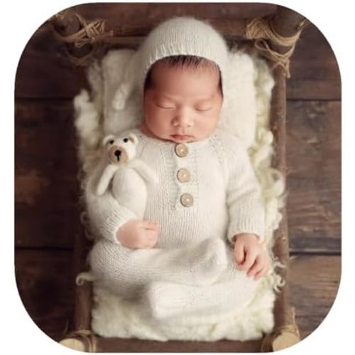 Vemonllas Newborn Photography Prop Baby Boys Girls Photoshoot Outfits Newborn Photo Knitted Romper Sleepy Hat Picture Outfit