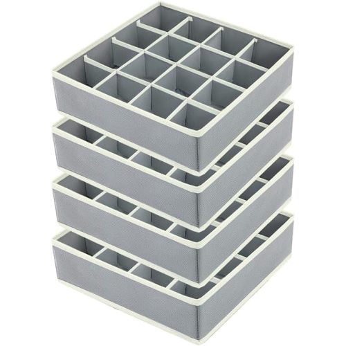 Joyoldelf Sock Drawer Organizer Divider Underwear Organizer 16-cell Fabric Dresser Drawer Organizers Storage Boxes for Socks Lingerie, Handkerchiefs, Ties 4 Pack (Grey)
