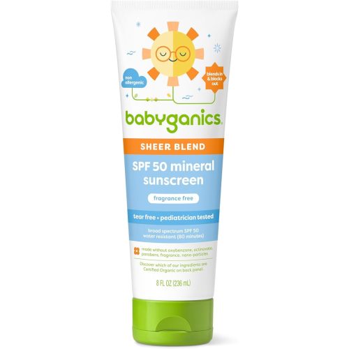 Babyganics SPF 50 Mineral Sunscreen Lotion, Sheer Blend, UVA UVB Protection, Octinoxate & Oxybenzone Free, Water Resistant, Fragrance Free, 8 oz