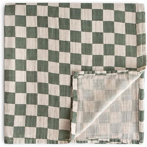mushie Muslin Baby Swaddle Blanket | 100% Organic Cotton (Olive Check)