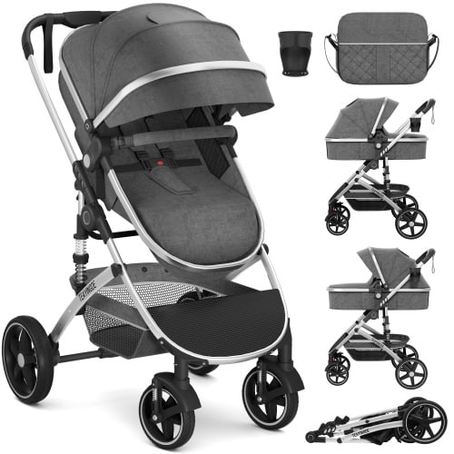 TEAYINGDE 2 in 1 Baby Stroller,Foldable Lightweight Carriage Reversible Bassinet Pram for Toddler,Travel Stroller with with Cup Holder、Storage Bag,Gray