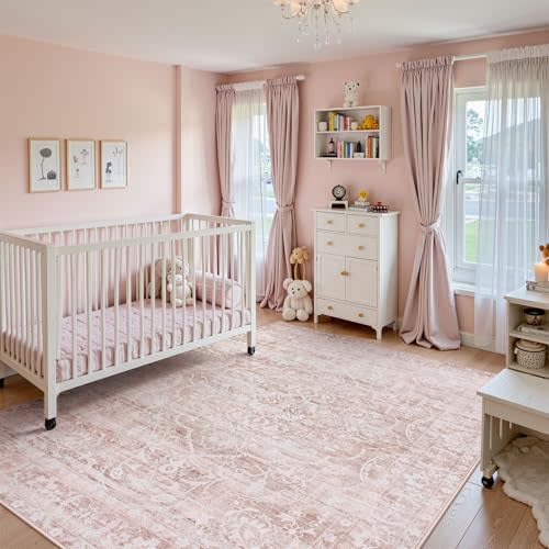 Lahome Pink Rugs for Bedroom Girls,Cute Nursery Rug Boho Area Rugs 5x7,Floral Living Room Rug Carpet Ultra-Thin Soft Washable, Kids Rugs for Playroom Baby Room Decor Dorm Aube (Light Pink, 5'X7')