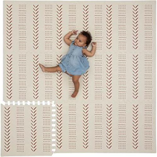 CHILDLIKE BEHAVIOR XXL Baby Play Mats, 72”x72” Puzzle with 9 Foam Tiles, Crawling Mat with Interlocking Tiles, 24”x24” Puzzle Mat Pieces, Neutral Playmat for Toddlers & Infants Play Pen - Beige