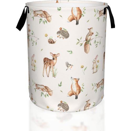 Deer Hedgehog Fox Bunny Squirrel Forest Laundry Basket,Waterproof Foldable Laundry Hamper,Dirty Clothes Laundry Basket, Linen Bin Storage Organizer for Toy Collection 16" x 20"