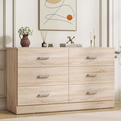 Winkalon 6-Drawer Oak Double Dresser, Deep Storage Cabinet with Easy Pull Handles