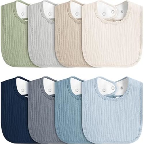 8-Pack Baby Muslin Bibs, Soft Cotton Drool Bibs for Boys Girls, Adjustable and Absorbent Newborn Bib Set for Feeding and Drooling