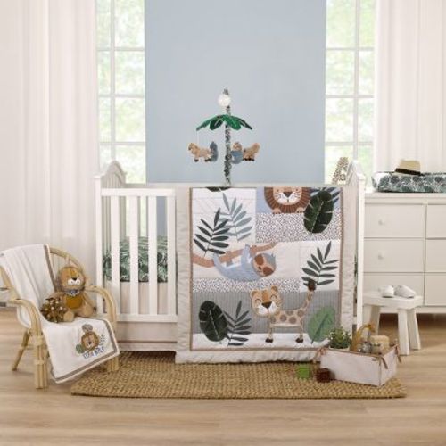 Nojo Jungle Paradise Green, Gray, And Tan Lion, Sloth, And Leopard Palm Leaf 4 Piece Nursery Crib Bedding Set