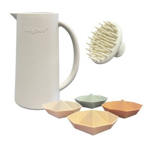 Lulyboo Silicone Baby Bath Toys Gift Set - Rinse Cup, Scalp Scrubber & Boat Toys for Fun Bath Time for Infants and Toddlers - Neutrals - 6pc