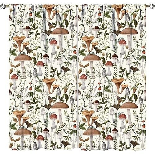 YCness Mushroom Curtains, Colorful Cartoon Style Abstract Illustration Print Window Treatments for Living Room, Seamless Pattern Home Decor Curtain 2 Panel,84x84 Inch Green
