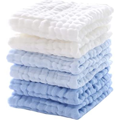 MUKIN Baby Washcloths - Soft Face Cloths for Newborn, Absorbent Bath Wipes, Burp Cloths or Towels, Baby Registry as Shower. Pack of 6-12x12 inches (Blue)