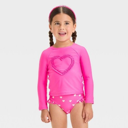 Baby Girls' Long Sleeve Heart Printed Rash Guard Set - Cat & Jack™ Pink 12M: UPF 50+ Swimwear, Elastic Leg Openings, Machine Washable