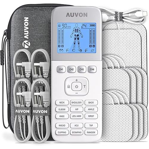 AUVON 4 Outputs TENS Unit 24 Modes Muscle Stimulator with EVA Travel Case, Rechargeable TENS EMS Machine with Easy-to-Select Button Design for Pain Relief, 2X Battery Life, 10 Electrode Pads