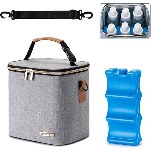 Breastmilk Cooler Bag with Ice Pack Fits 6 Baby Bottles Up to 9 Ounce, Baby Bottle Bag with Shoulder Strap for Nursing Mom Daycare, Grey
