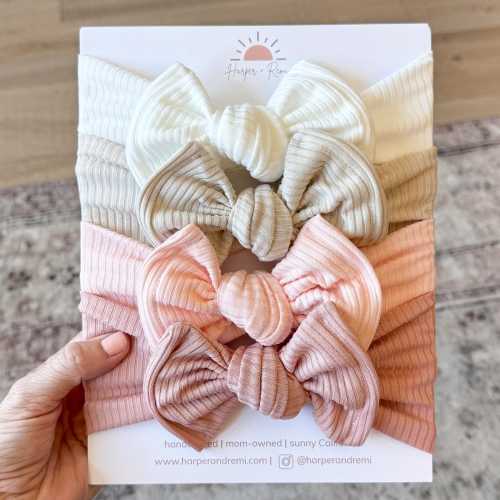 Neutral + Pink Ribbed Baby Headbands – Top Knot Bows for Newborn & Baby Girls (White, Sand, Light Pink, Dusty Pink)