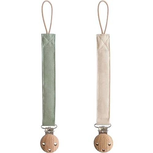 mushie Linen Baby Pacifier Clip Holder | Soft Fabric Strap, 2-Pack (Olive/Shifting Sand)
