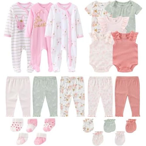 Newborn Baby Boy Girl Clothes Cotton Ribbed Mix Unisex Infant Bodysuit Pant Outfits 23 Pcs Layette Gift Set