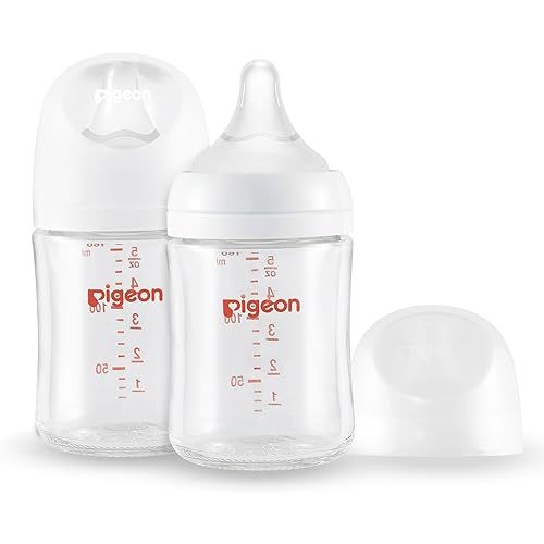 Pigeon Glass Nursing Bottle Wide Neck, Streamlined Body, Natural Feel, Easy to Clean, Heat-Resistant, 5.4 Oz(Pack of 2), Includes 2pcs SS Nipples (0m+)