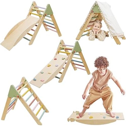 Pikler Triangle Set, Montessori Toddler Climbing Toys Indoor, Pikler Climbing Set with Foldable Pikler Triangle Ladder&Reversible Slide, 2 Piece Wooden Baby Climbing Gym Indoor Playground