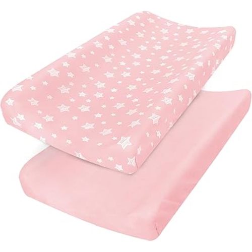 Changing Pad Cover for Girls 2 Pack, Lovely Print Soft Diaper Change Table Sheets, Fit 32"x16" Contoured Pad, Comfy Cozy 2-Pack Cradle Sheets,Pink&Pink Stars