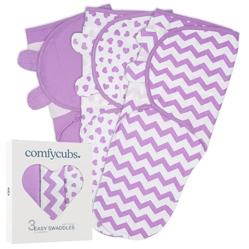 Comfy Cubs Easy Swaddle Blanket, 3 Pack - 100% Cotton Newborn Wrap, Small for 0-3 Months Infants, with Adjustable Velcro, Breathable and Durable Sleep Sack for Babies - Purple