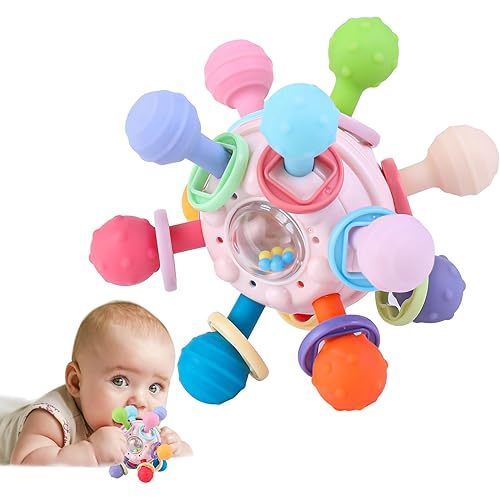 Baby Teething Toys, Baby Teether Montessori Sensory Toys for 0-6 6-12 Months, Boy Girl Gifts for Infant Newborn Toddler 0 3 6 9 12 18 Months, Easter Basket Stuffers Gifts - Pink