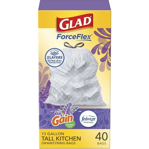 Glad ForceFlex Tall Kitchen Trash Bags, 13 Gal, Gain Lavender with Febreze, 40 Ct (Pack May Vary)