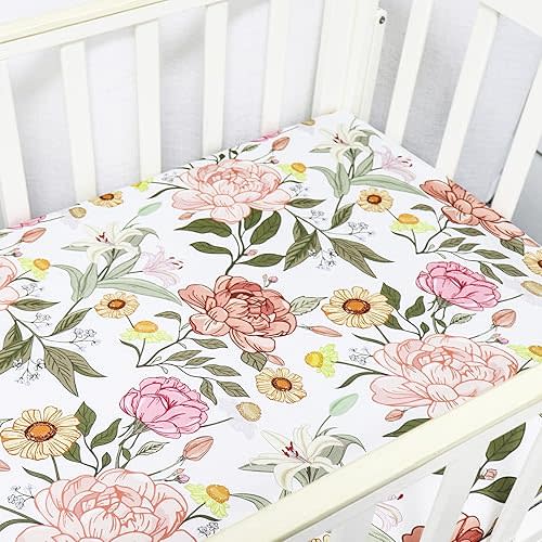 Crib Sheets for Girls Boys, HNHUAMING Jersey Cotton Crib Fitted Sheets, Baby & Toddler Universal Neutral Crib Mattress Sheets, Boho Vintage Floral Breathable Crib Sheet Set