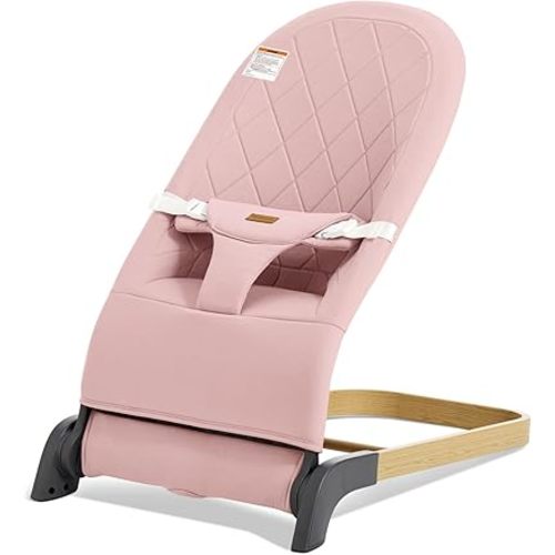 Foldable Baby Bouncer, Baby Bouncer Seat with 3 Adjustable Heights, Portable Newborn Rocker, Ergonomic Bouncer Seat for Natural Bounce, Bouncer for Babies 0-6 Months, Soft Cotton (Pink)