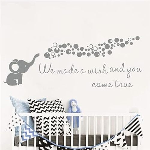 Home Nursery Room Wall Decor Sticker Baby Elephant Blowing Bubble Sticker Vinyl Wall Decal Quotes We Made a Wish and You Came True Kids Bedroom Mural AFN100 (Gray)