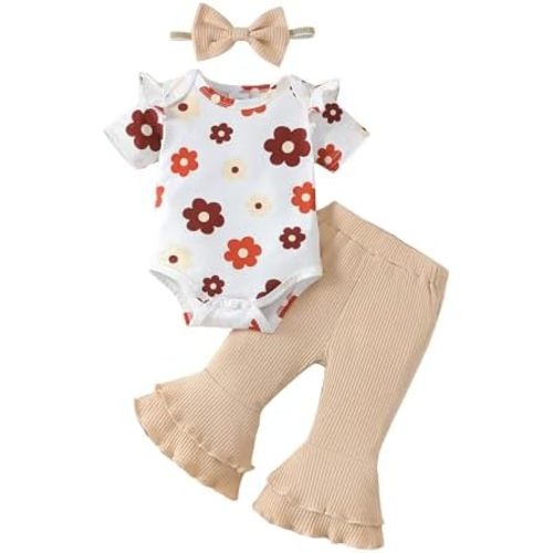 SUNNY PIGGY Baby Girl Clothes Ruffle Short Sleeve Romper Long Pants Set with Headband Newborn Infant Outfits