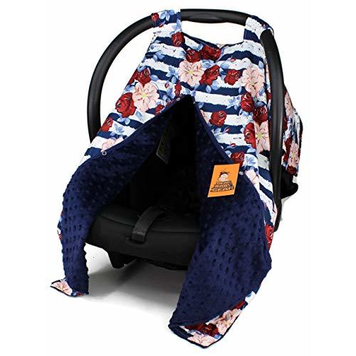 Dear Baby Gear Carseat Canopy - Car Seat Cover with Snap Opening for Girls and Boys - Infant Car Chair Canopies - Floral & Farm Print Covers - 39"x32" (Blush Hibiscus & Navy White Stripes, Navy)
