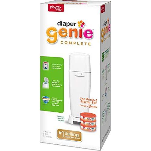 Playtex Diaper Genie Complete Pail with Built In Odor Controlling Antimicrobial, Includes Pail and 3 Clean Laundry Scent Refills, White Pail