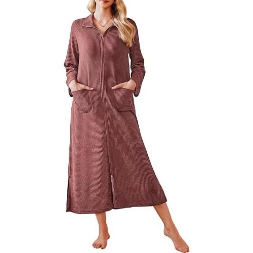 Ekouaer Waffle Robes for Women Long Zipper Bathrobes Lightweight House Coat Soft Sleepwear with Pockets Loungewear S-XXL