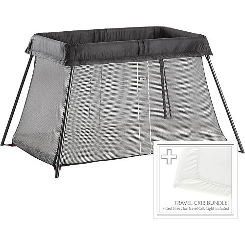 BabyBjörn Travel Crib Light + Fitted Sheet Bundle Pack, Black, One Size (640001US)