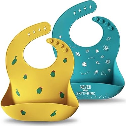 Moonkie Silicone Baby Bibs Set of 2, BPA Free Waterproof Baby Bibs for Eating, Soft Adjustable Silicone Bibs for Babies 6-12 Months, Toddler Bibs with Large Pocket Food Catcher (Teal/Kodak)