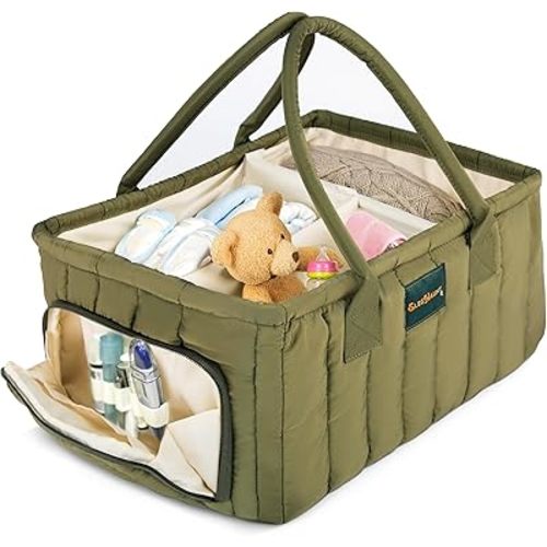 Large Diaper Caddy Organizer with Handle – Baby Basket for Nursery, Car, and Changing Table – Portable Baby Storage with Compartments – Perfect for New Parents and Baby Shower Gifts (Deep Olive Green)