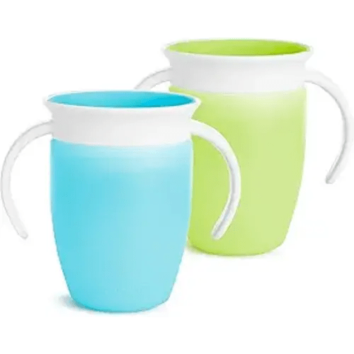 Munchkin Sippy Cup for 6 Month Old and Up, Spill Proof Miracle 360 Toddler Cups with Transition Handles, 7 Ounce, 2 Pack, Blue/Green