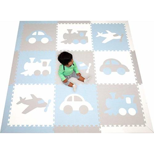 SoftTiles Kids Foam Play Mat- Transportation Theme- Premium Interlocking Foam Children's Foam Playmat for Playrooms and Baby Nursery- 6.5 x 6.5 ft. (Light Blue, Light Gray, White) SCTRAWSH