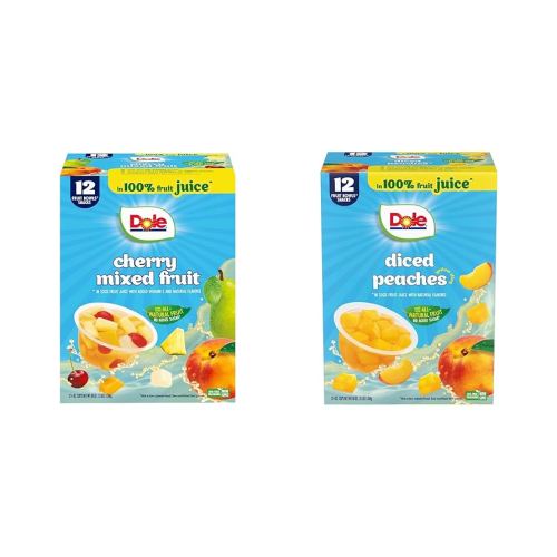 Dole Fruit Bowls Cherry Mixed Fruit in 100% Juice 4oz (12 Cups) & Dole Fruit Bowls Diced Peaches in 100% Juice, 4 Ounce (12 Cups), Back To School Healthy Snack