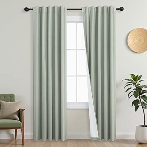 Sage Green Blackout Curtains 84 Inches Long,Boho Linen Black Out Thermal Curtains for Bedroom Living Room,Back Tab Summer Cottagecore Cottage Core Curtain 84 Inch Length 2 Panels Set,Light Green