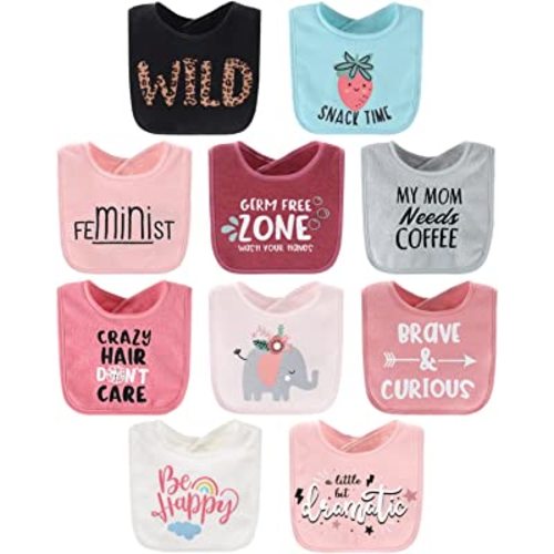 The Peanutshell Terry Bib Set for Baby Girls - 10 pack for Feeding, Teething, & Drooling - Wild Child