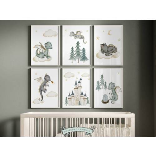 Set of 6 Baby Dragon Nursery Prints, Dragon Nursery Decor, Fairytale Nursery, Mythical Creatures, Castle and Dragon Nursery, Fantasy Nursery - Etsy