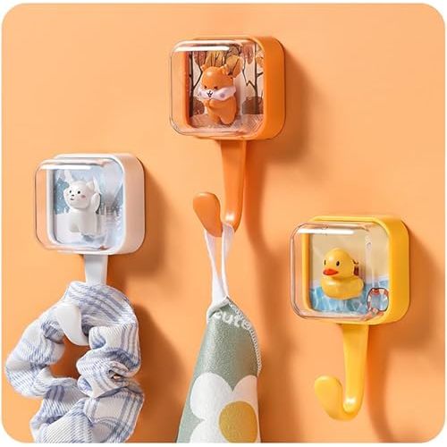 Cute Adhesive Hooks, Animal Bounce, Spring Shaking Duck Polar Bear Squirrel, No Nails, Waterproof, for Key Purse Robe Towel, Creative Individual Hook Set of 3 (3 Pack)