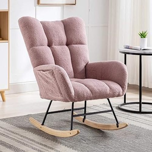 Nursery Rocking Chair Teddy Upholstered Glider Rocker Rocking Accent Chair with High Backrest Armchair Comfy Side Chair for Living Room, Bedroom, Offices (Pink)