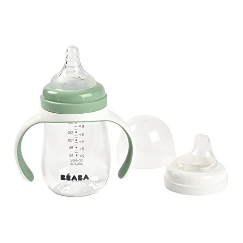 BEABA 2-in-1 Baby Bottle to Transition Sippy Cup, No Spill Sippy Cup, Includes Removable Handles, Silicone Baby Bottle Nipple and Soft Spout, 7 oz (Sage)