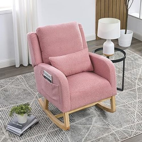 Rocking Chair Nursery with Pillow, Nursery Rocking Chairs in Teddy Fabric with Wingback & Armrest, Built-in 2 Side Pockets, Comfy Nursery Glider Nursing Chair Armchair for Living Room, Bedroom, Pink
